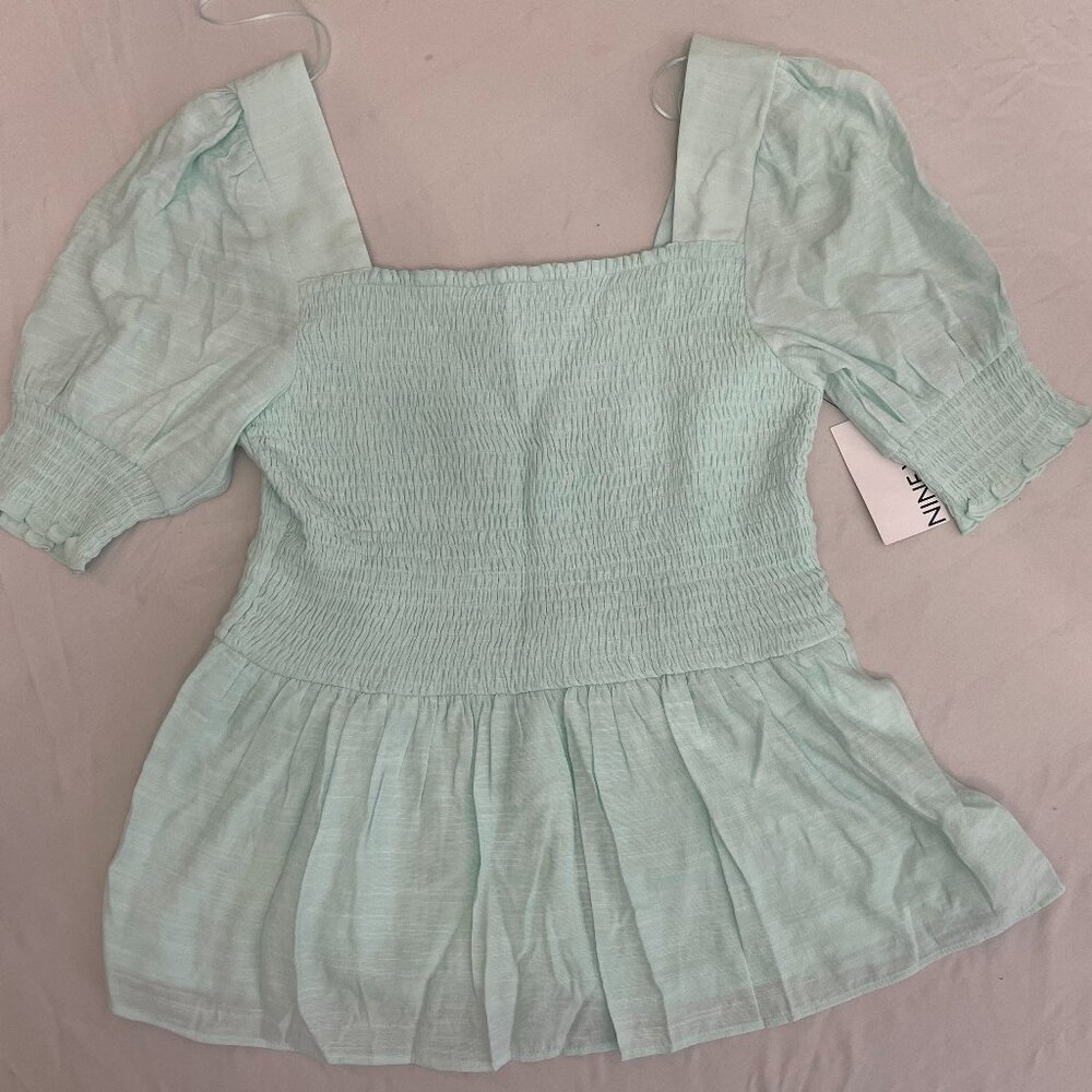 NWT Nine West square neck smocked babydoll top, light aqua, size M
